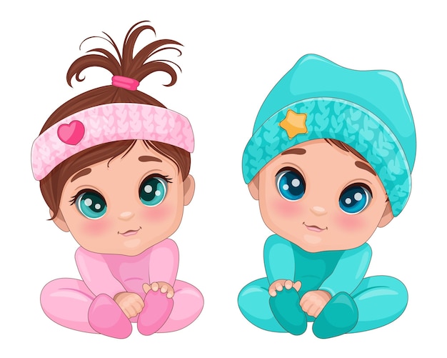 Dos bebés adorables una niña alegre y un niño alegre en trajes coloridos de estilo vector de dibujos animados