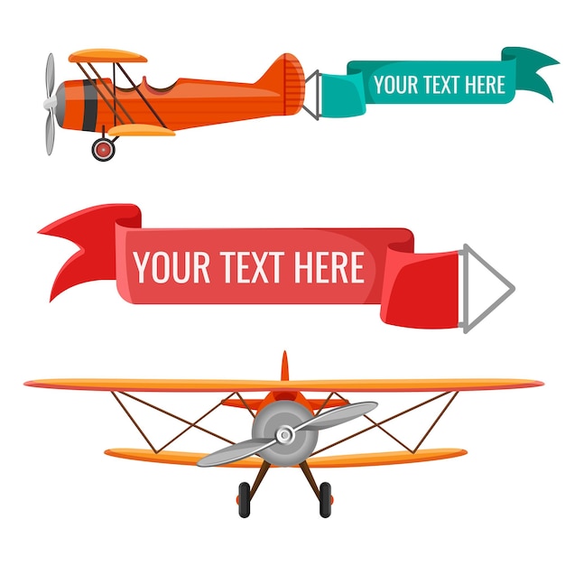 Dos biplanos con cintas publicitarias, medios de transporte aéreo con texto verde y rojo adjunto.