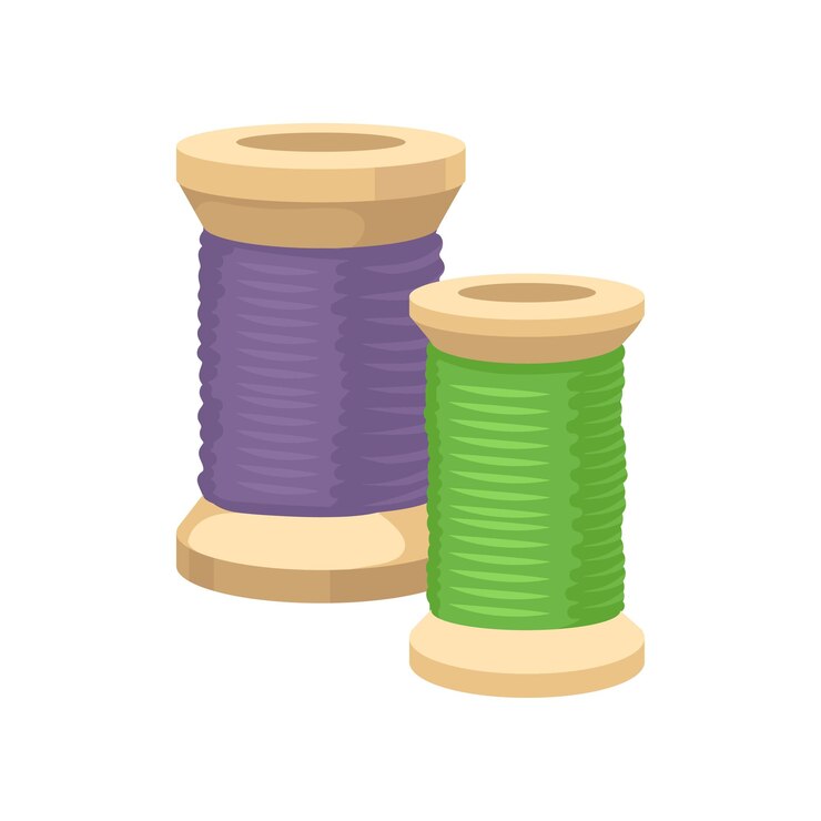 Vector dos bobinas de madera con hilos verdes y púrpuras para coser materiales de diseño vectorial plano