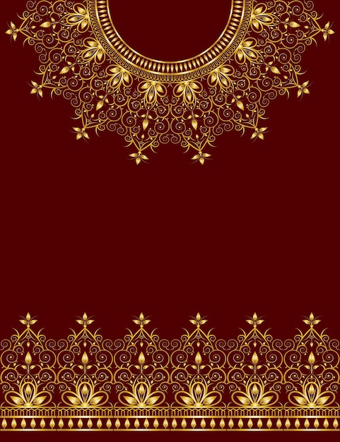 Dos bordes ornamentales dorados diseñan vectores alrededor del pecho y el cuello sobre un fondo rojo oscuro sólido
