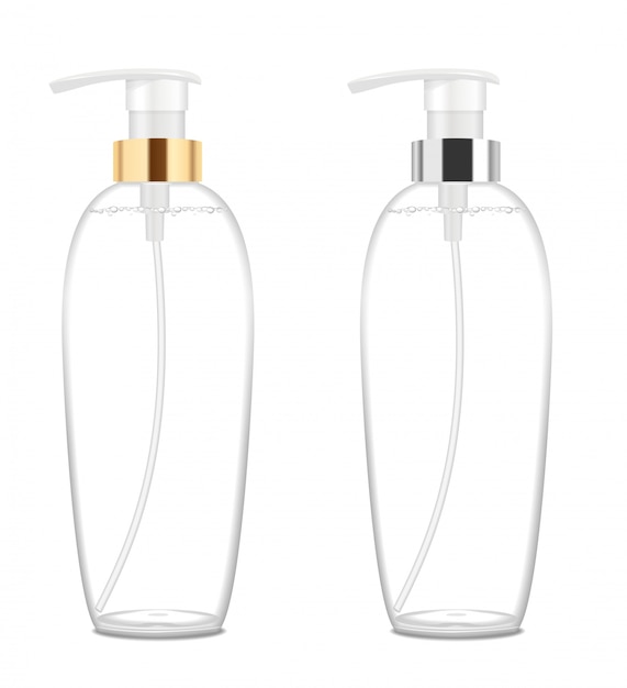 Dos botellas de cosméticos transparentes con bomba.