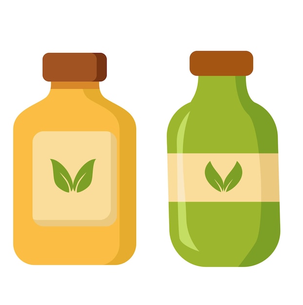 Dos botellas con jugo saludable bebidas orgánicas y hojas