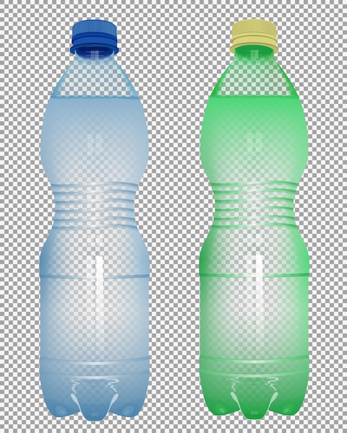 Dos botellas de plástico realistas con agua con tapa azul cerrada sobre un fondo transparente