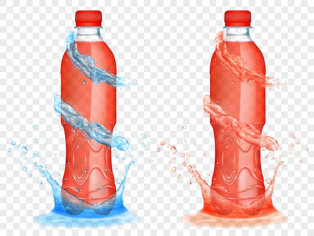 Dos botellas de plástico translúcido llenas de jugo rojo, con coronas de agua azul claro y salpicaduras, aisladas sobre fondo transparente. Transparencia solo en formato vectorial