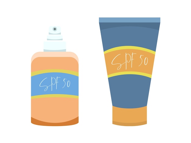 Dos botellas de protector solar con copia SPF50 incluida, estilo plano, aisladas en fondo blanco