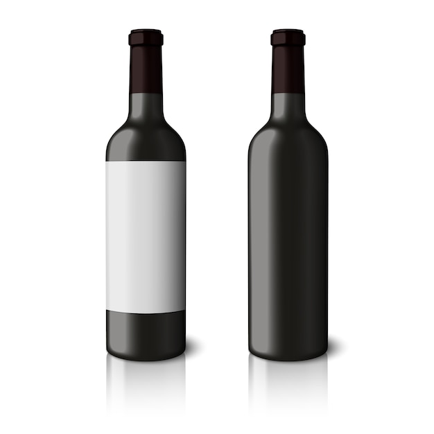 Vector dos botellas realistas negras en blanco para vino tinto aislado sobre fondo blanco.