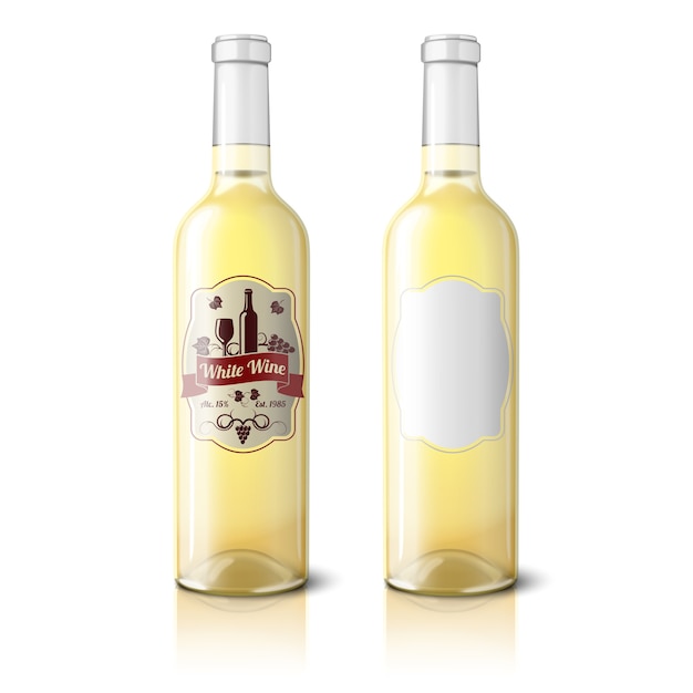 Vector dos botellas realistas para vino blanco con etiquetas aisladas sobre fondo blanco con reflejo y lugar para su diseño y marca.