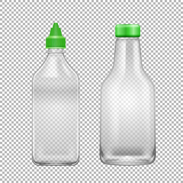 Dos botellas de vidrio con tapa verde.