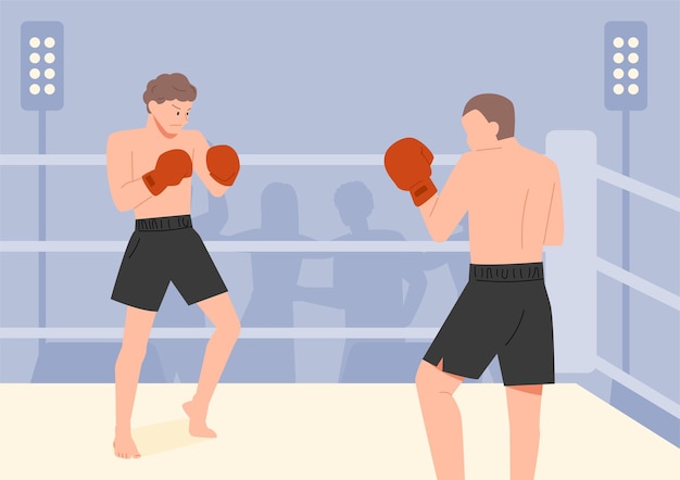 Dos boxeadores se paran en el ring y se miran. ilustración vectorial de estilo de diseño plano.