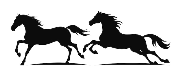 Vector dos caballos de silueta negra corriendo uno al lado del otro caballos salvajes galopando libres de movimiento poderoso