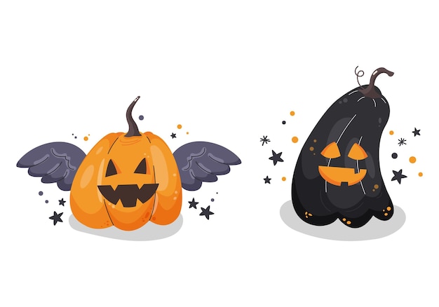 Vector dos cabezas de calabaza de halloween divertidas y sonrientes con alas de murciélago