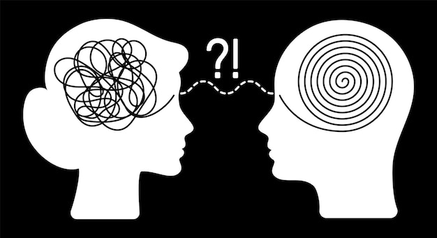 Dos cabezas de hombre y mujer con pensamiento opuesto pensamiento positivo y negativo médico y