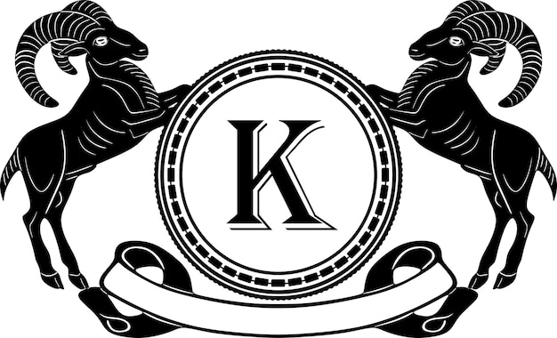 dos cabras con corona y letra k logotipo de diseño negro silueta hecha a mano