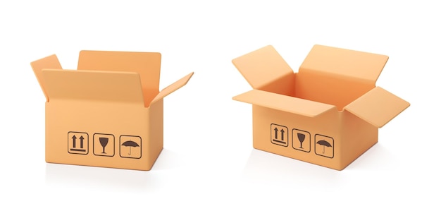 Dos cajas abiertas de cartón 3d aisladas sobre fondo blanco caja de carga de entrega caja de cartón de estilo de dibujos animados o paquete de entrega 3d vector realista