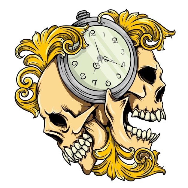 Dos calaveras y reloj con decoraciones de estilo barroco de ilustración