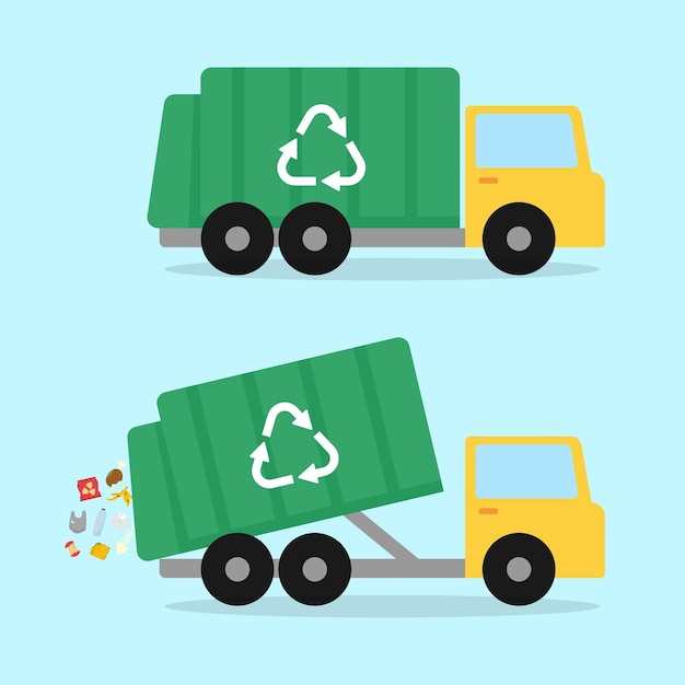 dos camiones de basura con contenedores verdes y un camión con un contenedor de basura que está descargando vector de basura