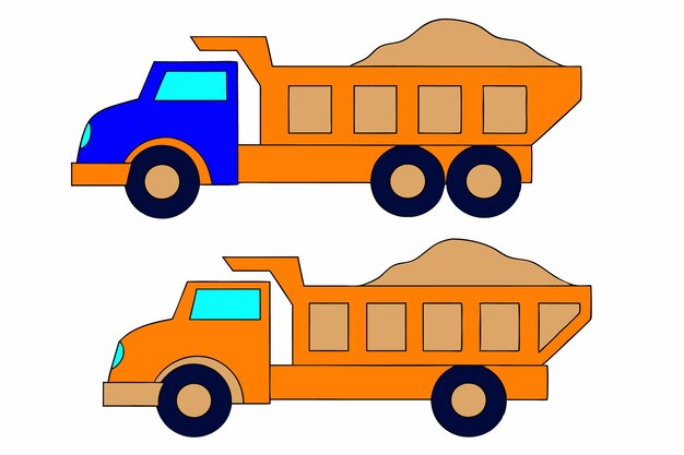 Dos camiones de descarga naranjas con cuerpo azul cerrado y abierto con ilustración de arena en fondo blanco