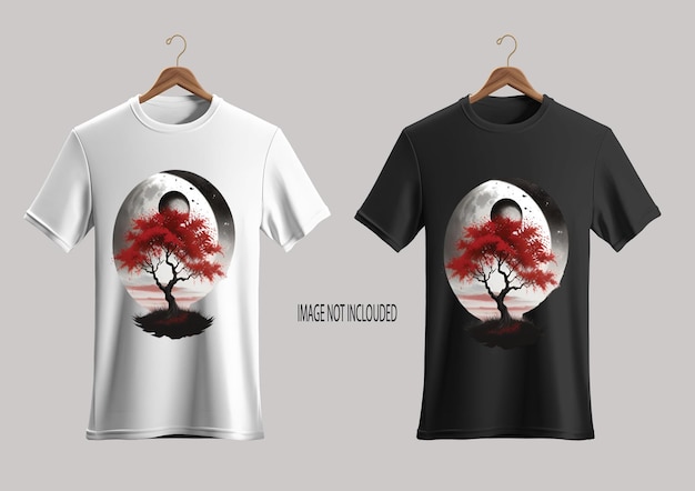 dos camisetas con un árbol en la parte inferior y la imagen de un pájaro a la derecha