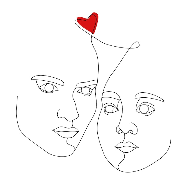 Dos caras femeninas dibujadas con una línea continua. Retratos abstractos minimalistas de mujeres hermosas. Concepto de moda moderna. Bosquejo negro y corazón rojo sobre fondo blanco
