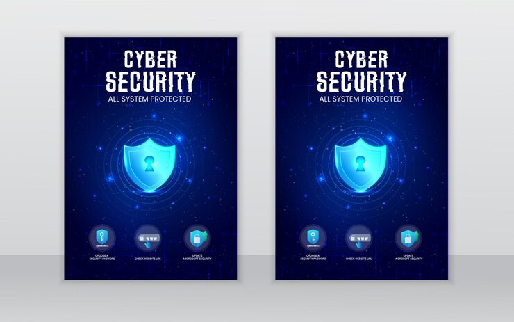 dos carteles de ciberseguridad y seguridad con un fondo azul