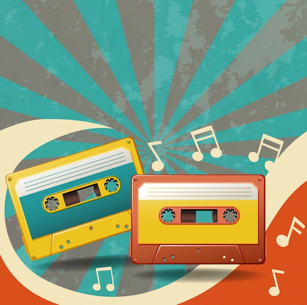 Vector dos casetes de cinta vintage y notas musicales