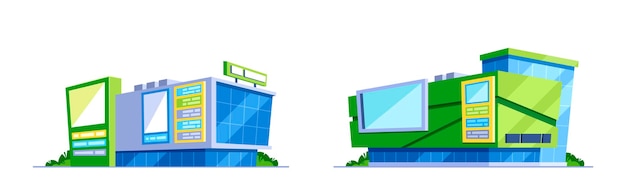 Dos centros comerciales con ilustraciones vectoriales de diseño arquitectónico creativo y colorido
