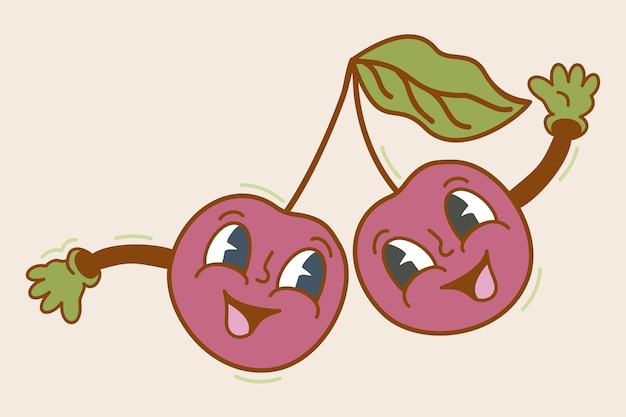 Dos cerezas en una rama Ilustración de dibujos animados retro Estilo de los años 70 Vector aislado