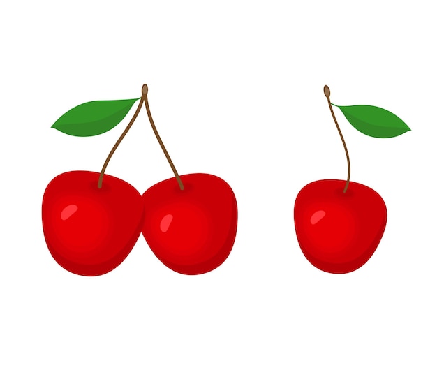 Vector dos cerezas rojas con hojas sobre un fondo blanco.