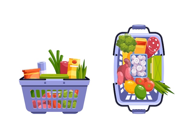 Dos cestas de comestibles llenas de una variedad de alimentos, incluidas verduras y frutas