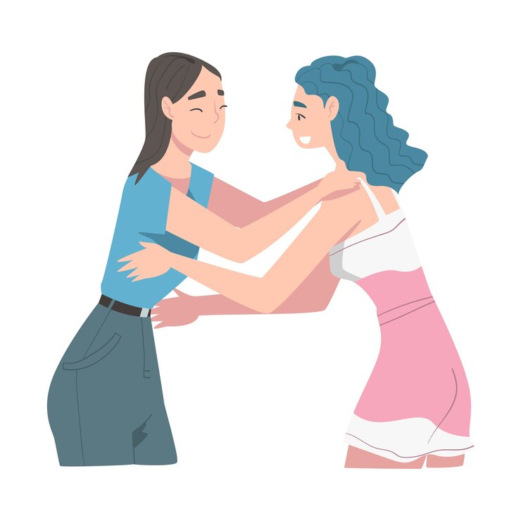 Vector dos chicas abrazándose alegría reunión de amigos concept de amistad femenina ilustración vectorial de estilo de dibujos animados
