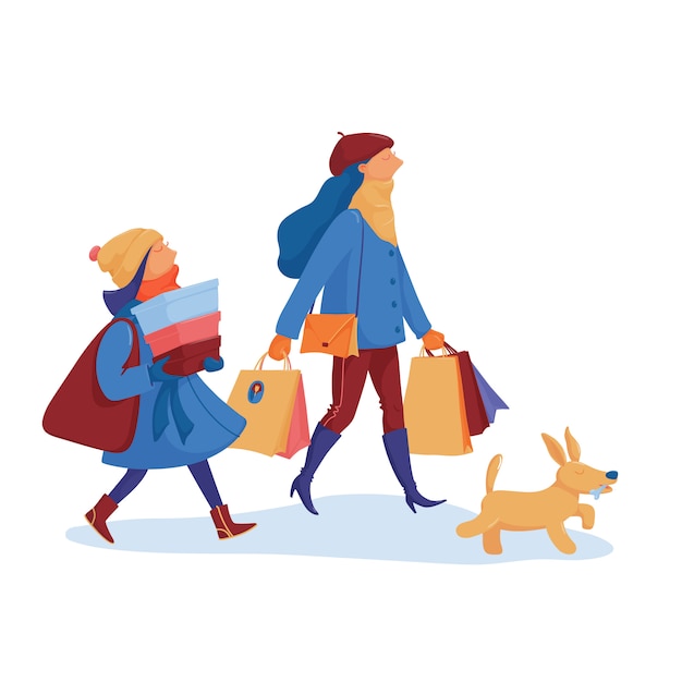 Dos chicas, amigas en ropa de abrigo y un perro que regresa a casa de la venta de invierno, de compras, llevando muchas bolsas de compras y compras