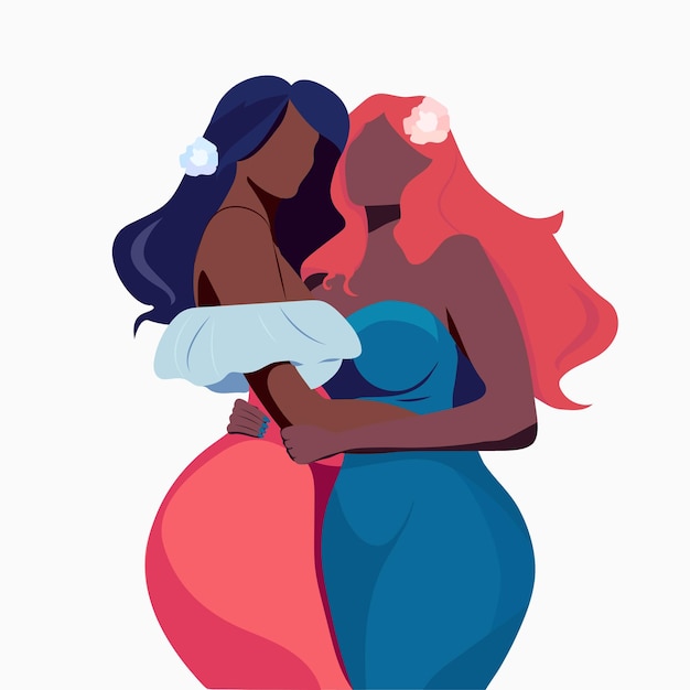 Dos chicas blancas negras mujeres abrazando a sus amigas amigas gays lesbianas igualdad racial diferencia de color de la piel ilustración vectorial