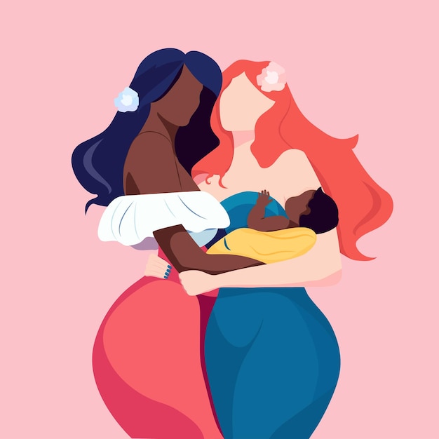 Dos chicas blancas negras mujeres con un bebé en sus brazos amigas amigas gays lesbianas igualdad racial diferencia de color de la piel ilustración vectorial