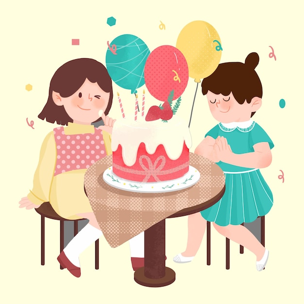Dos chicas celebrando con pastel y globos y banderas