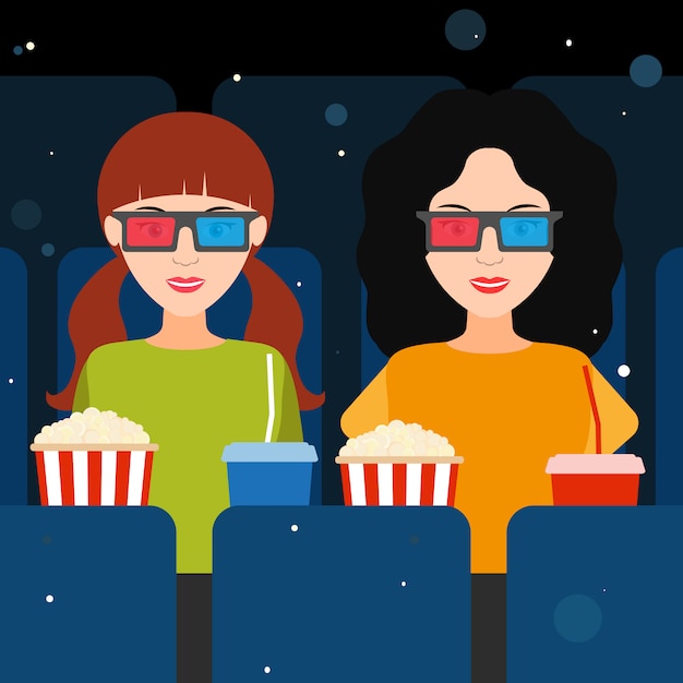 Vector dos chicas en el cine con gafas 3d.