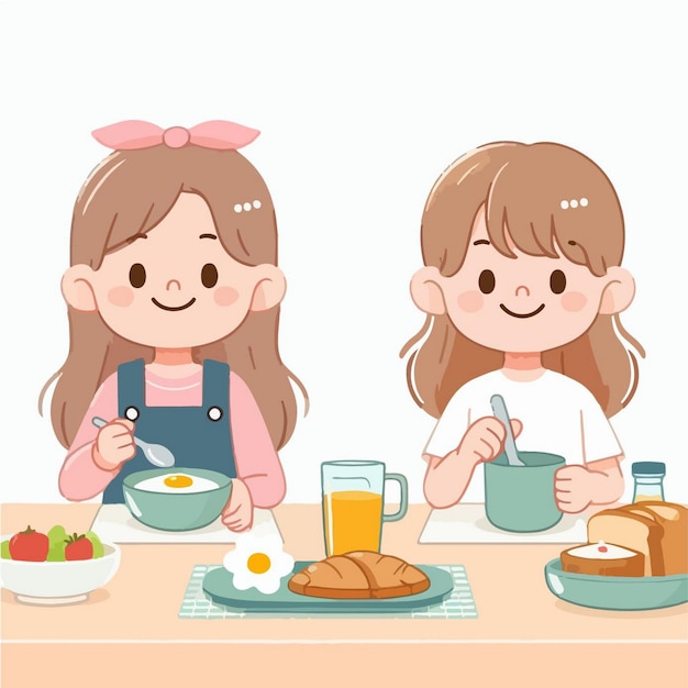 Vector dos chicas están sentadas en una mesa con comida y bebidas