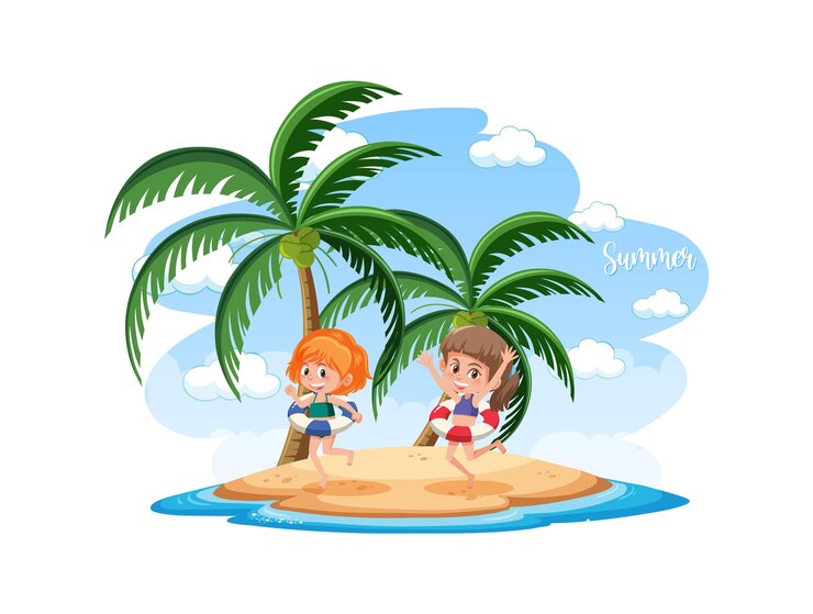 Dos chicas felices disfrutando de las vacaciones de verano en una isla tropical con palmeras