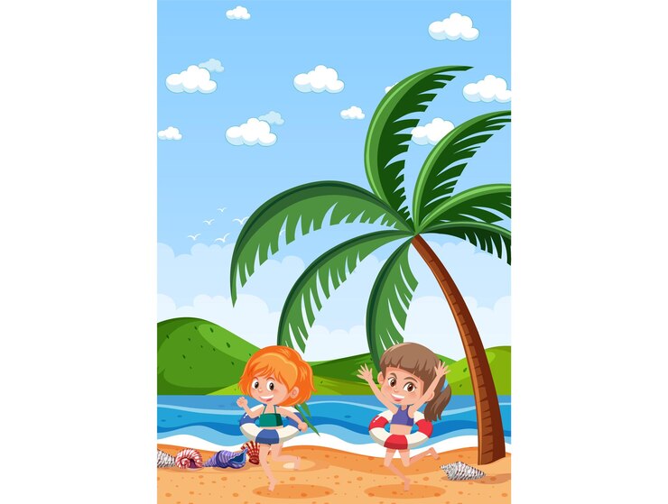 Dos chicas felices disfrutando del verano en la playa con una palmera