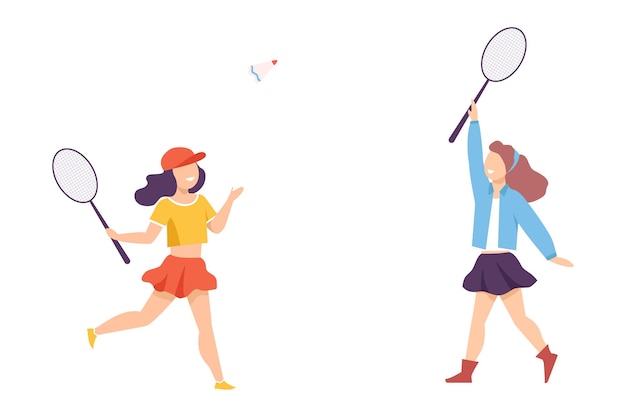 Dos chicas jugando al bádminton o al tenis Ocio al aire libre Ilustración vectorial de estilo plano