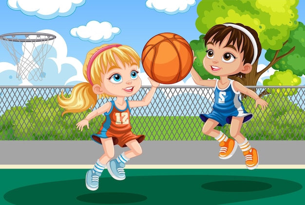 Vector dos chicas jugando al baloncesto