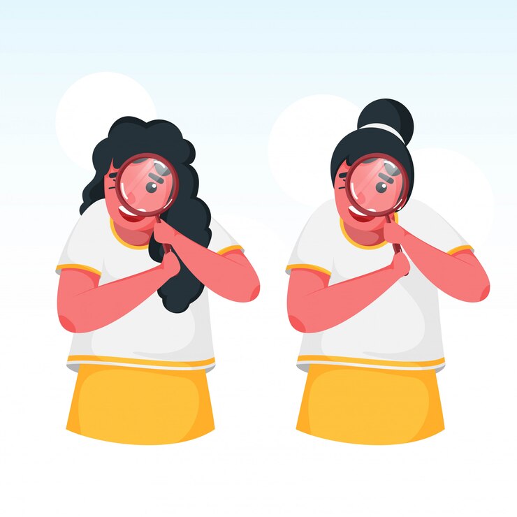 Vector dos chicas lindas buscando con lupa sobre fondo blanco.