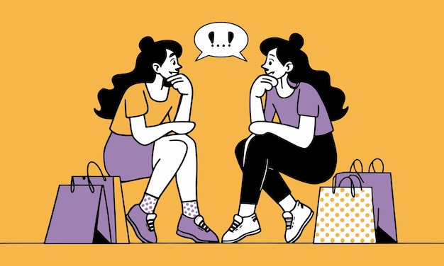 Dos chicas sentadas con algunas bolsas de compras y chismoseando una ilustración de diseño plano limpio y moderno