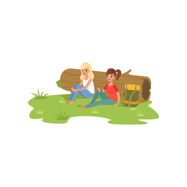 Dos chicas sentadas cerca del tronco, viajando, acampando y relajando el concepto, vector de vacaciones de verano ilustración aislada en un fondo blanco.