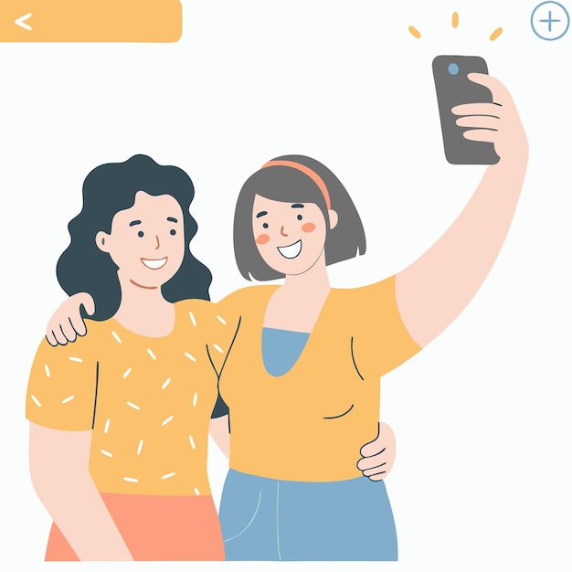 Dos chicas sonrientes tomando una selfie en un teléfono inteligente juntas Ilustración de personajes de dibujos animados planos