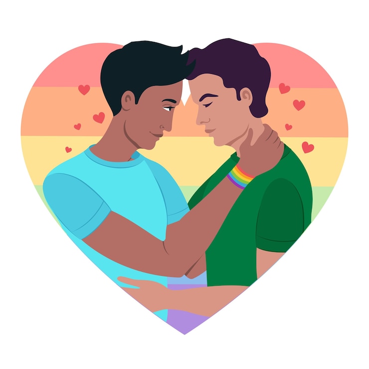 Vector dos chicos gay felices con bandera lgbt y disfrutando del orgullo