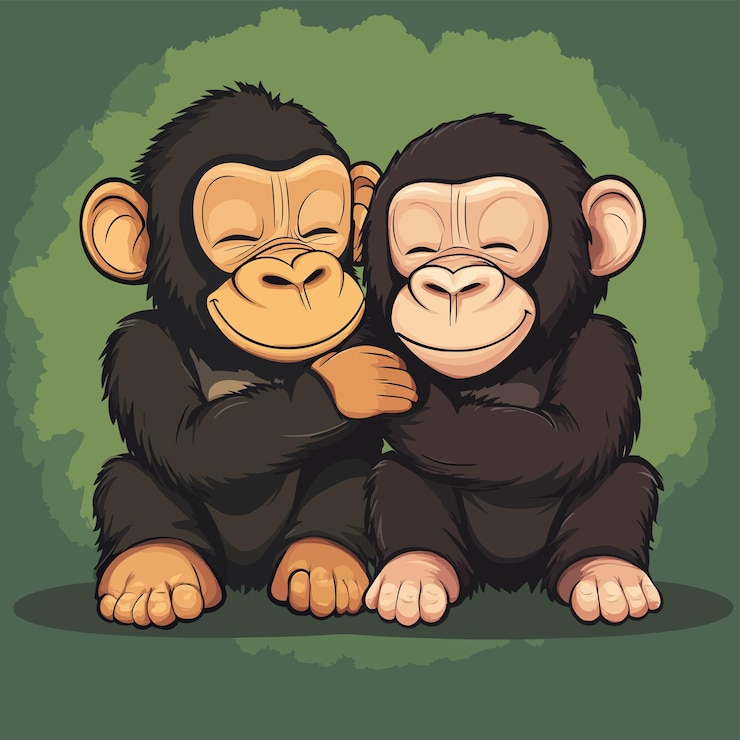 Vector dos chimpancés están sentados juntos uno de los cuales es un dibujo de un mono