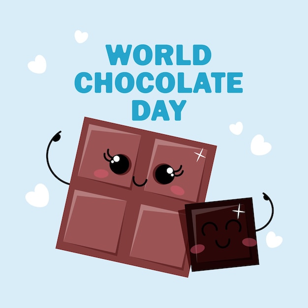 Dos chocolates abrazados para el día mundial del chocolate sobre fondo azul con letras en la parte superior
