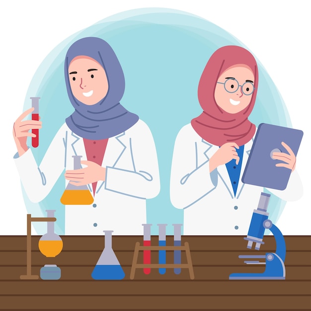 Vector dos científicas con hiyab están trabajando dentro del laboratorio.