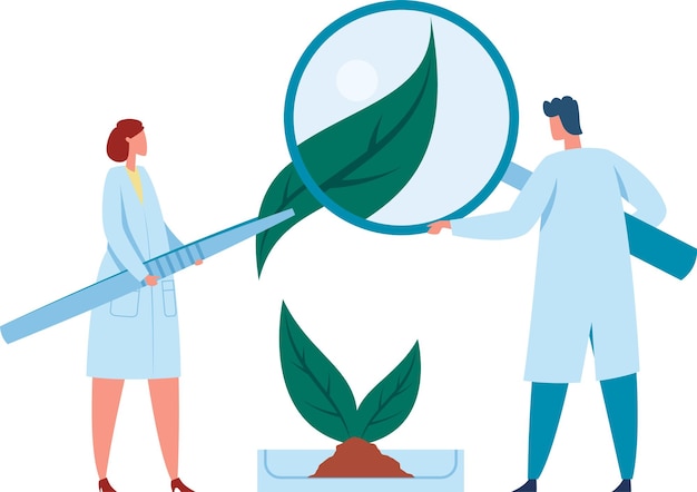 Dos científicos con abrigos de laboratorio examinan una pequeña muestra de planta con una lupa y pinzas que muestran investigación botánica o agrícola