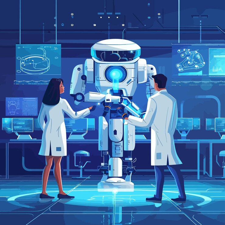 Vector dos_científicos_en_abrigos_de_laboratorio_de pie_robot desarrollador